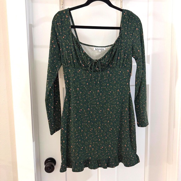 Reformation Dresses & Skirts - Reformation Anjeline Mini Dress Coriander Green Floral Long Sleeve Ruffle Size M